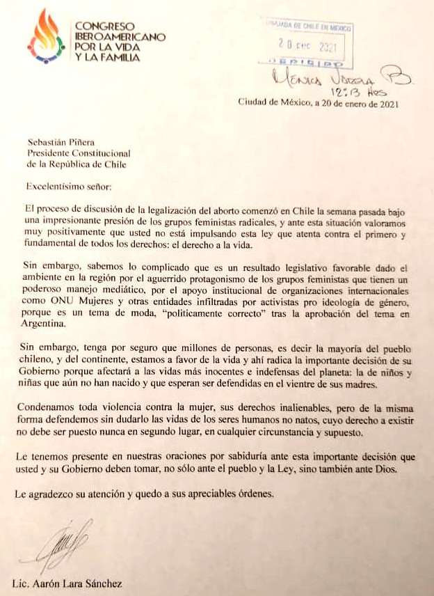 Plataforma evangélica provida entrega carta al presidente de Chile