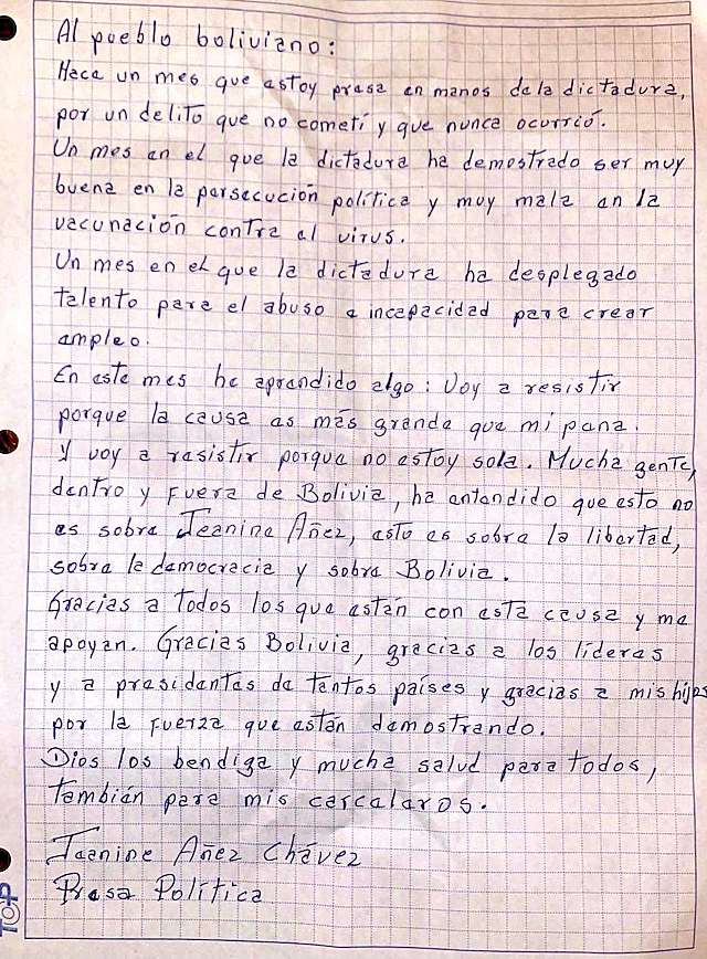Carta de Jeanine Áñez, un mes en prisión: “Dios los bendiga”