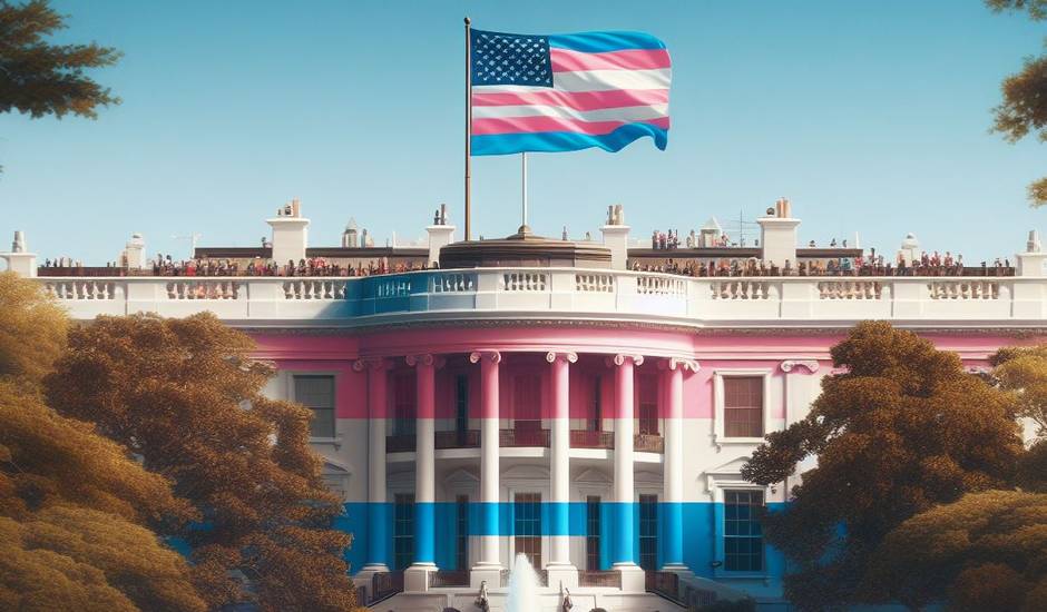 Imagen de diseño generada por AI: la Casa Blanca con los colores de la bandera trans,casa blanca, bandera trans