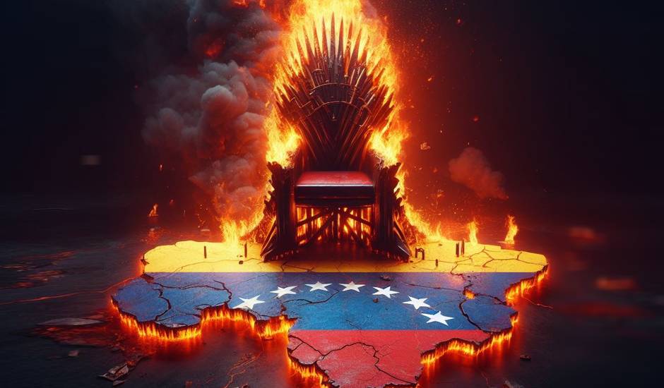 Imagen de diseño propio realizada por AI,trono fuego, venezuela ardiendo